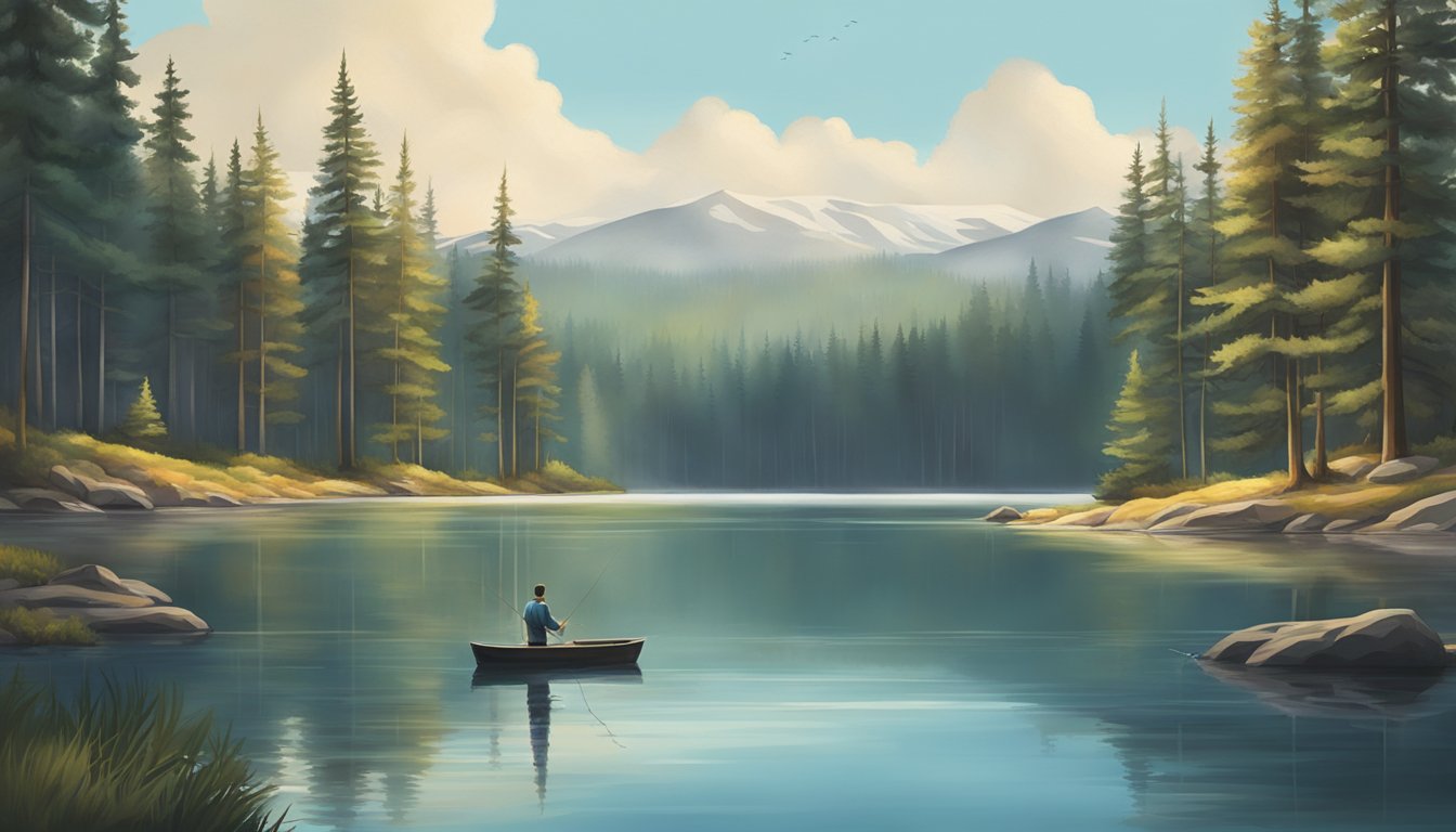 A serene lake surrounded by tall pine trees, with a lone figure casting a fishing line into the clear, cold water