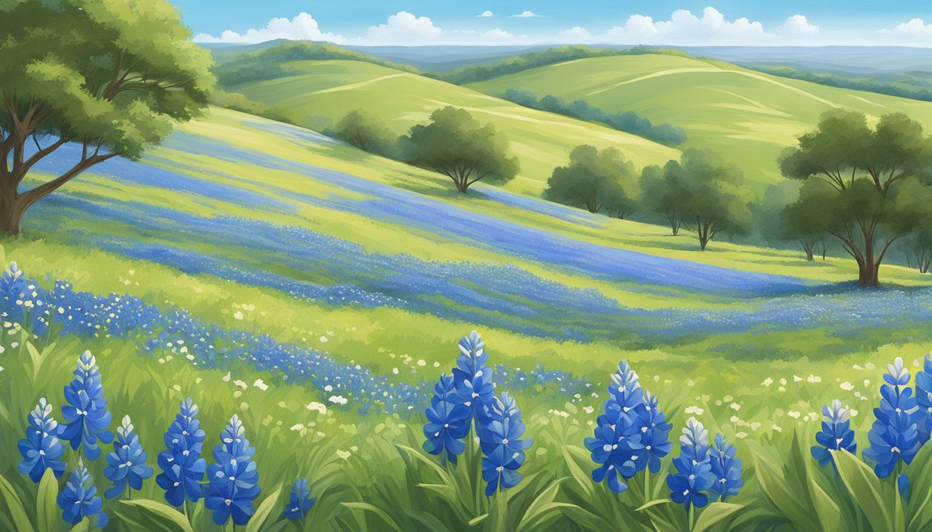 A field of blooming bluebonnets under a clear blue sky, surrounded by rolling hills and a gentle breeze