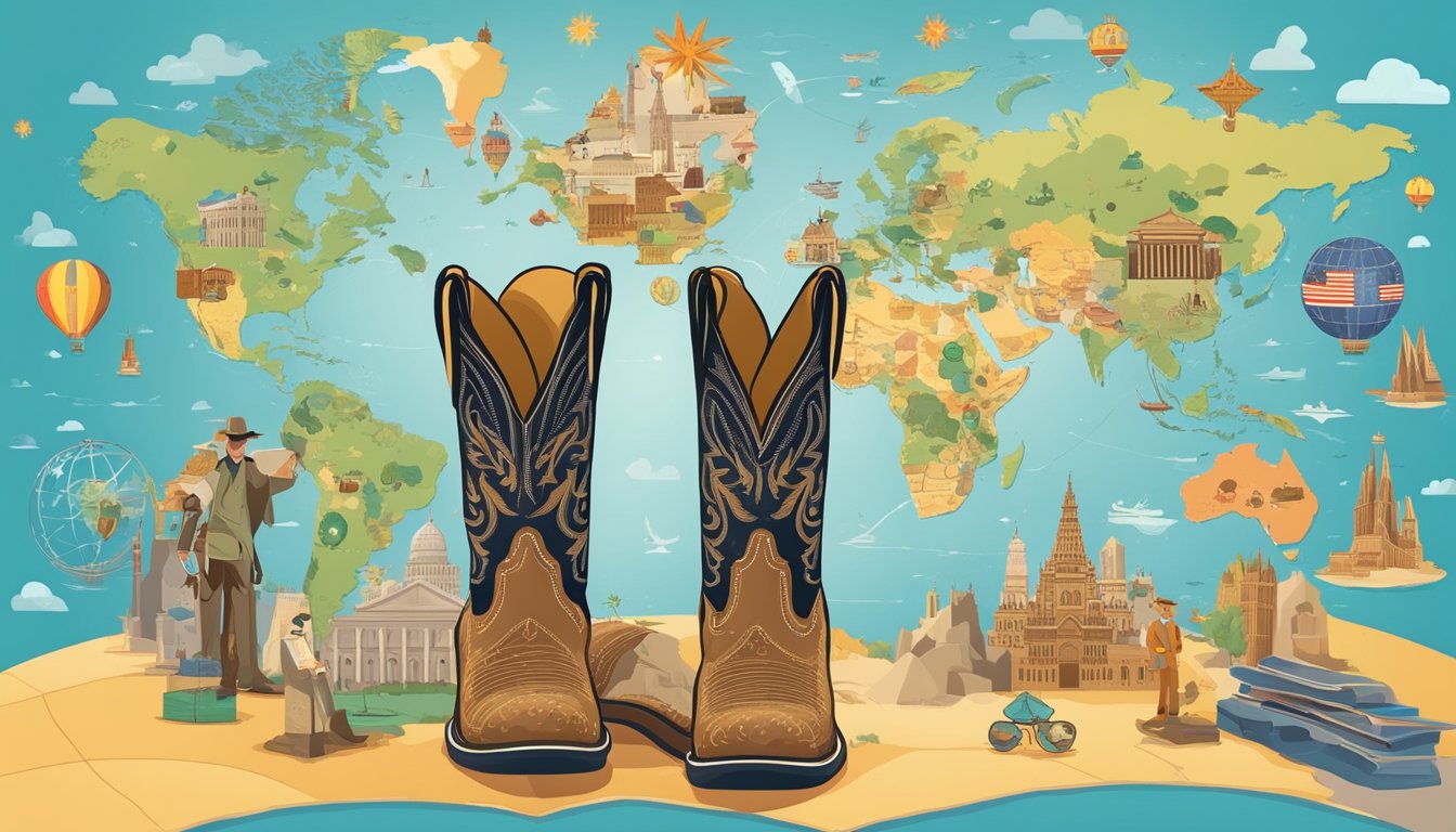 A pair of cowboy boots standing on a world map, surrounded by various cultural symbols and landmarks from different countries