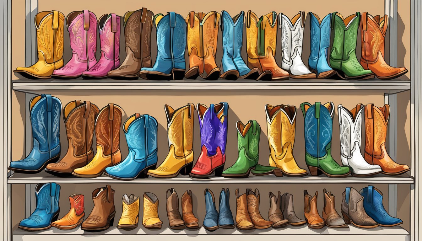 A collection of colorful cowboy boots from around the world displayed in a Texas-themed store window