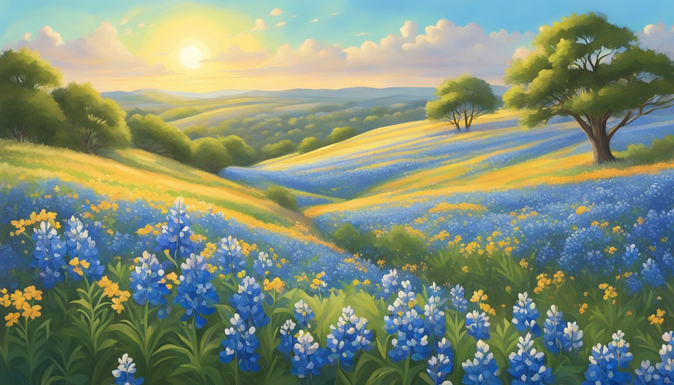 A field of vibrant bluebonnets stretching across a rolling hillside, with a clear blue sky and a warm sun shining down