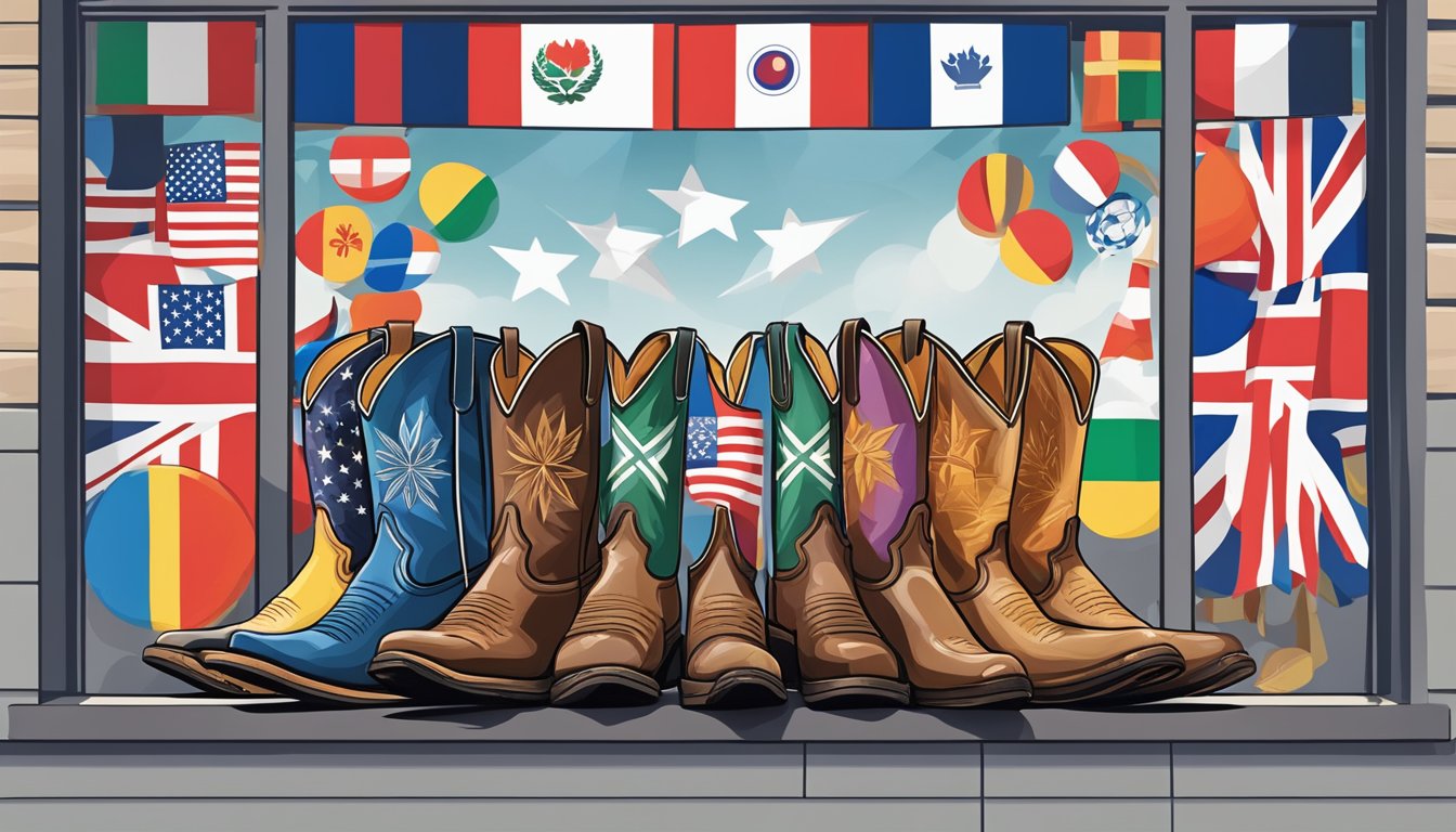 A pair of cowboy boots displayed in a storefront window, surrounded by a diverse array of international flags and symbols