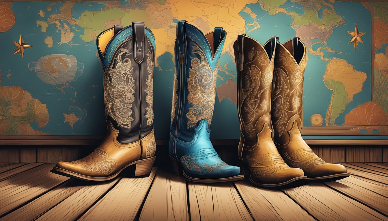 A pair of cowboy boots standing on a rustic wooden floor, surrounded by a diverse array of global symbols and cultural motifs