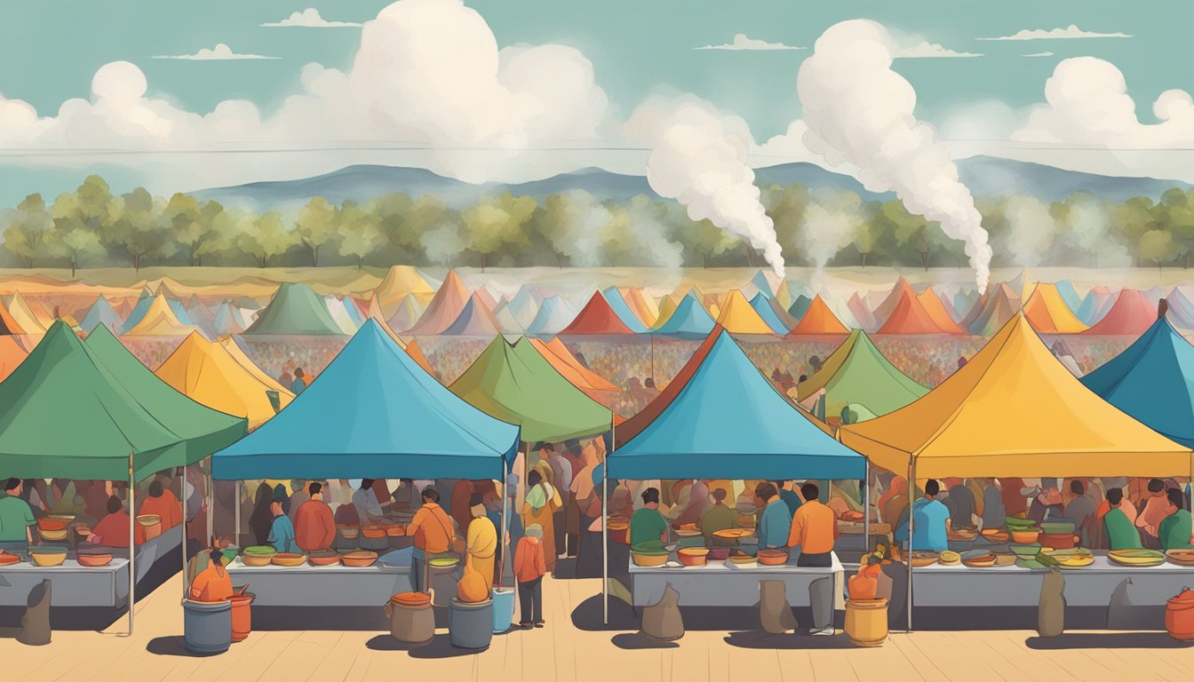 A row of colorful tents with smoke rising from cooking pots, surrounded by a crowd of people tasting and judging chili