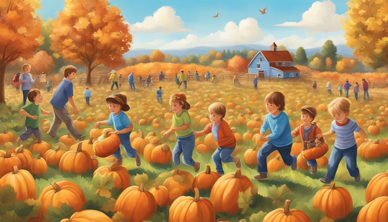 Children playing in a pumpkin patch surrounded by colorful leaves, with families enjoying hayrides and apple picking under a clear blue sky