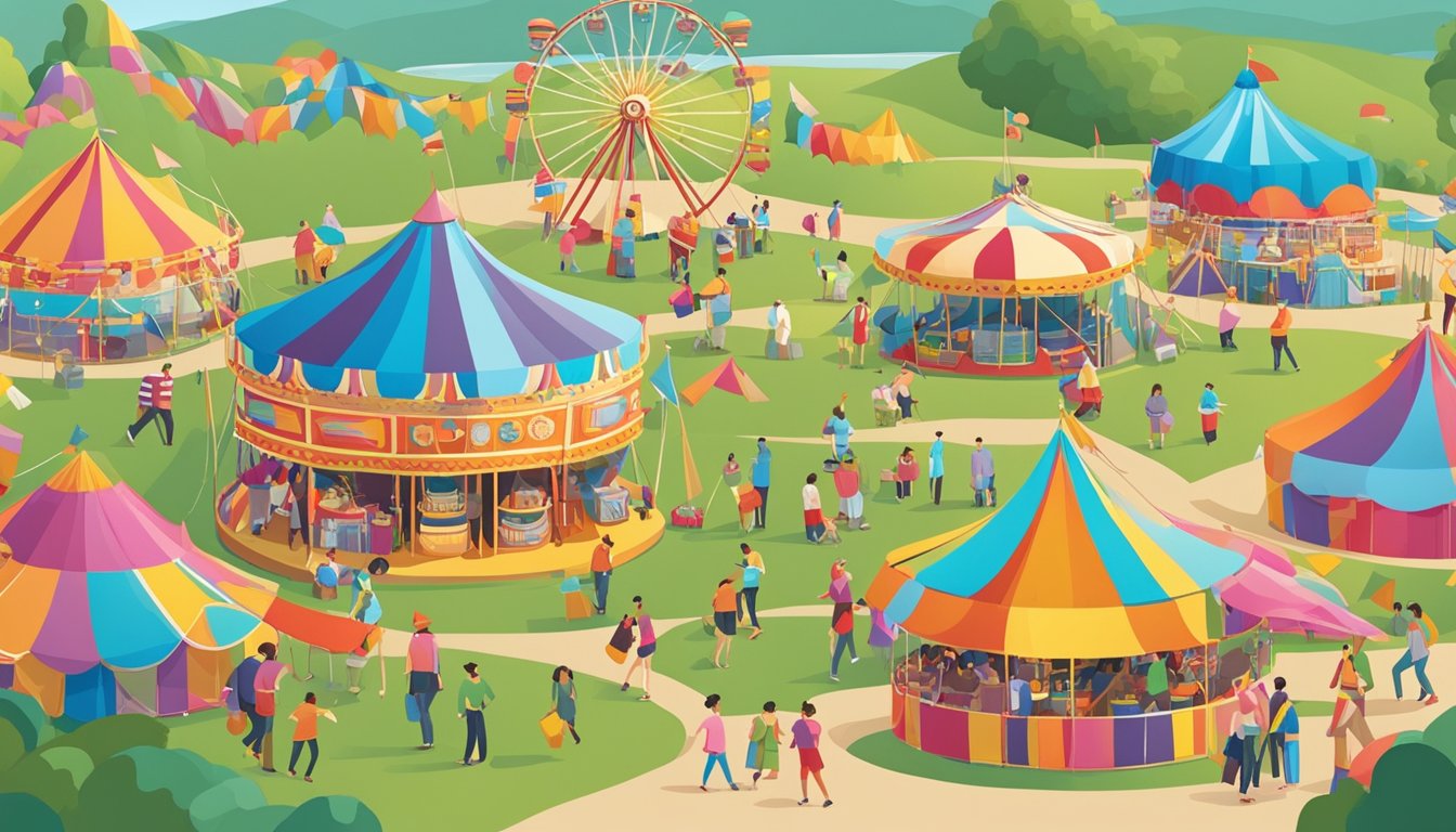 A bustling fairground with colorful tents and smiling faces, surrounded by rolling hills and clear blue skies