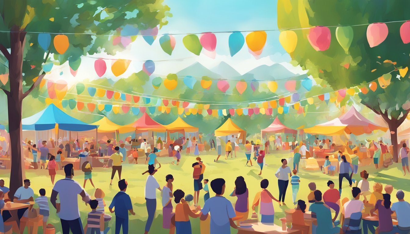 A lively festival scene with colorful decorations, live music, and families enjoying outdoor activities under a clear, sunny sky