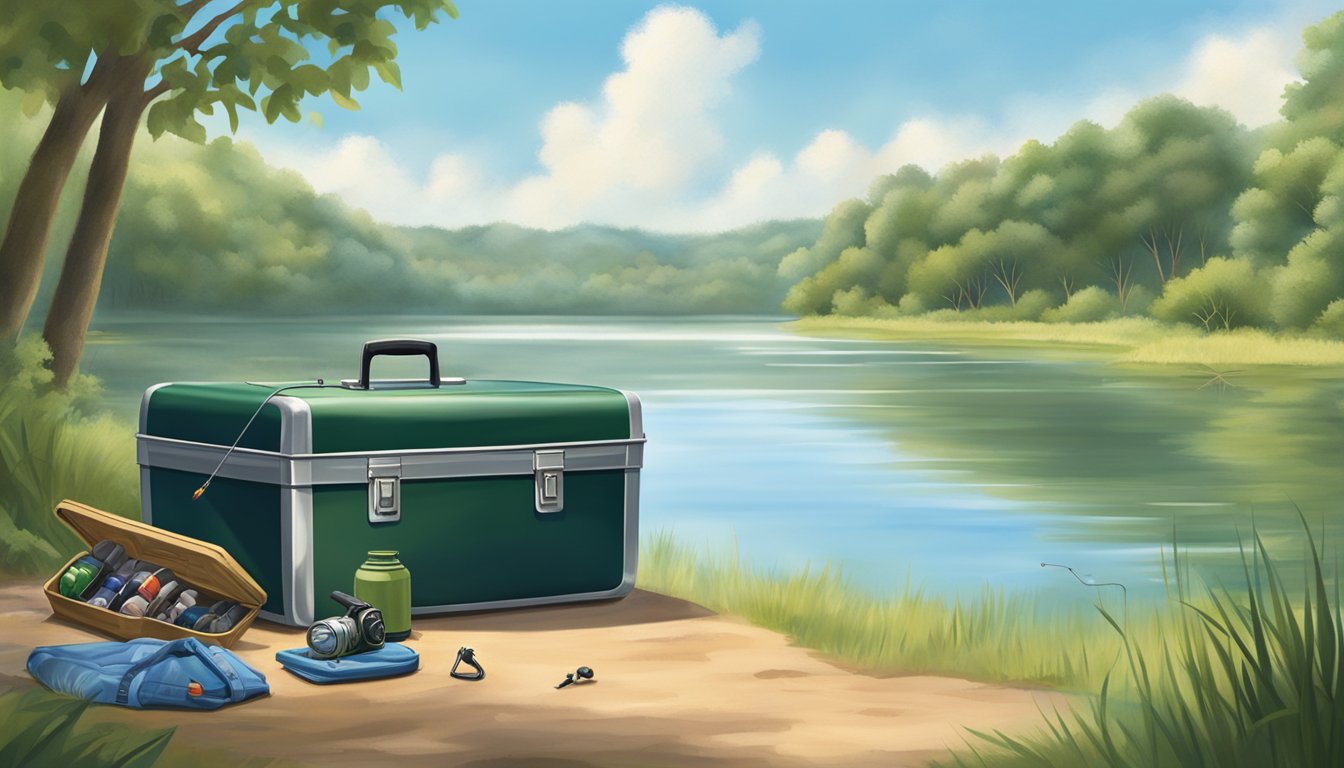 A serene lake nestled in the Texan countryside, surrounded by lush greenery and a clear blue sky. A fishing rod and tackle box sit on the shore, ready for a beginner to embark on their freshwater fishing journey