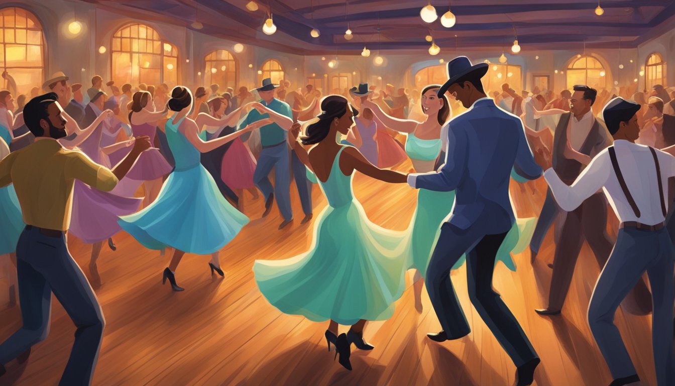 Colorful lights illuminate a lively dance hall filled with twirling couples. The sound of fiddles and guitars fills the air as dancers move to the rhythm of Texas country music