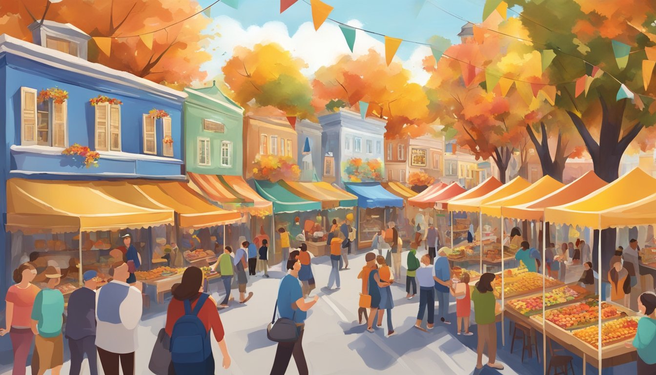 Colorful festival booths line a bustling street, adorned with vibrant fall decorations. Families enjoy games, music, and delicious food under a clear, blue sky