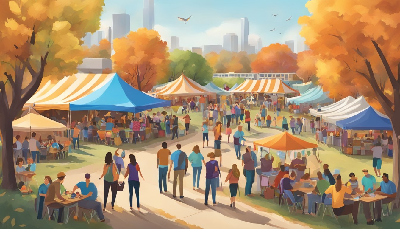 A bustling Texas Fall festival with colorful tents, live music, and families enjoying the perfect weather