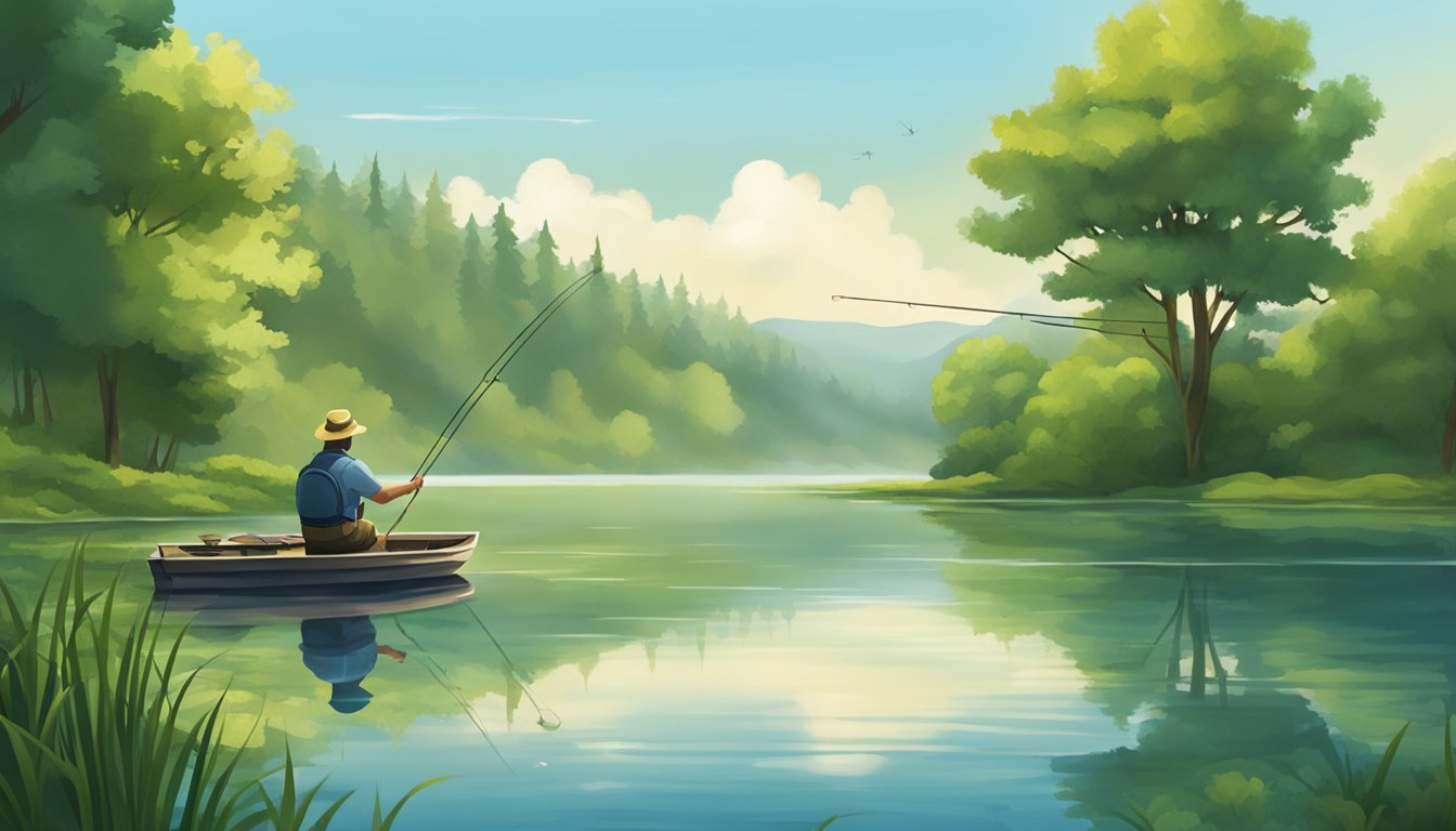 A serene lake surrounded by lush greenery, with a fishing rod casting a line into the water