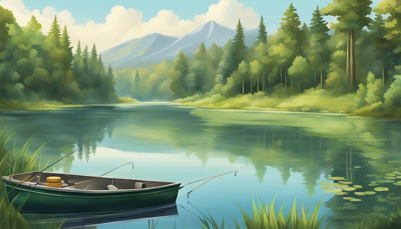 A serene lake surrounded by lush greenery, with a fishing rod and tackle box at the water's edge