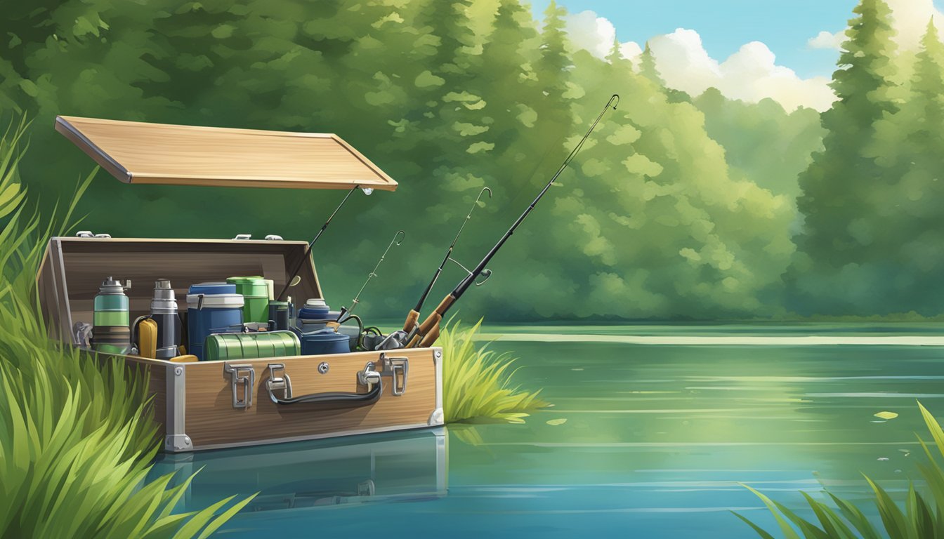 A serene lakeside with a fishing rod and tackle box, surrounded by lush greenery and a clear blue sky