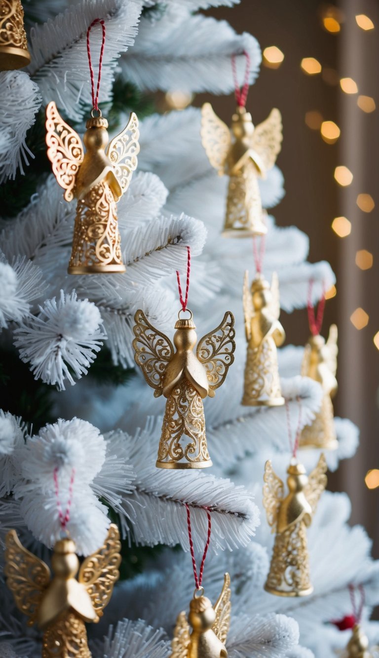 A white Christmas tree adorned with 20 gold filigree angel decorations