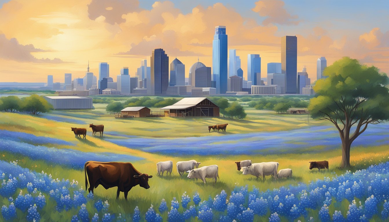 A bustling cityscape with oil rigs, cattle ranches, and skyscrapers adorned with the Texas flag, all surrounded by a landscape of bluebonnet flowers