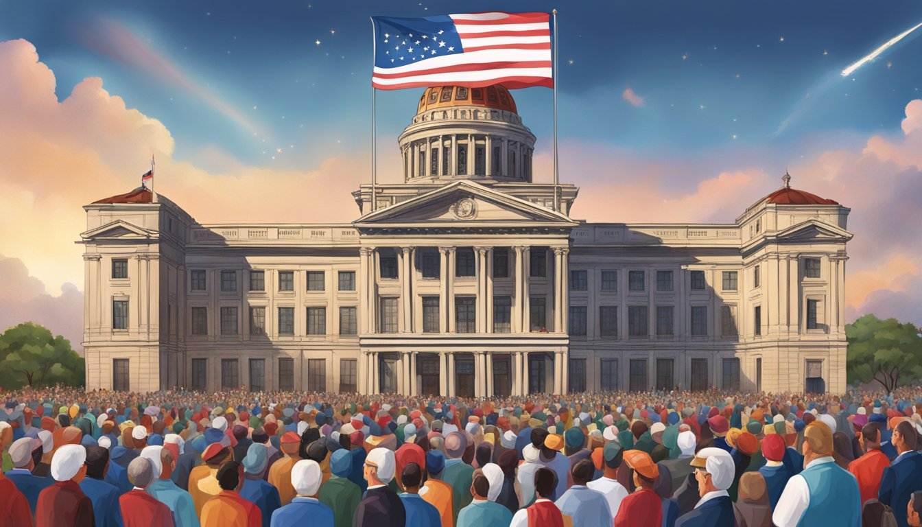 Texan flag waving atop a grand building, surrounded by prominent Texans and leaders in a festive celebration