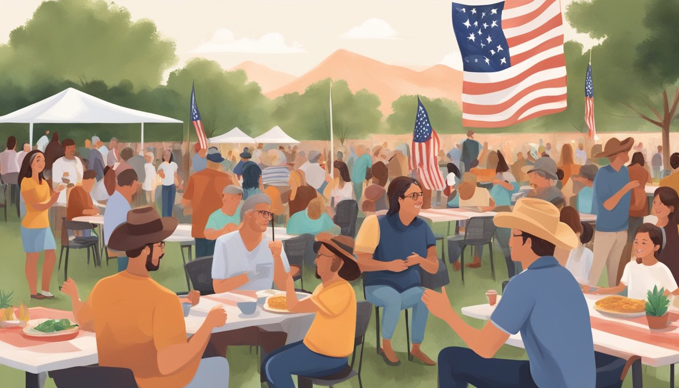 Texans of all ages and backgrounds gather outdoors, waving flags, enjoying barbecue, and listening to live music to celebrate National Texas Day