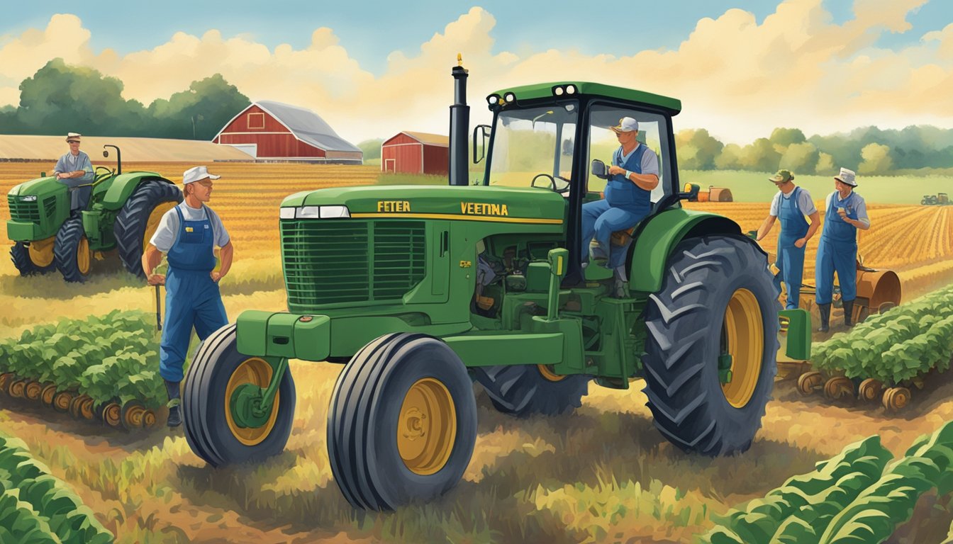 A group of veterans in uniform working together on a farm, with tractors and agricultural equipment in the background, symbolizing the mobilization of veterans to feed America