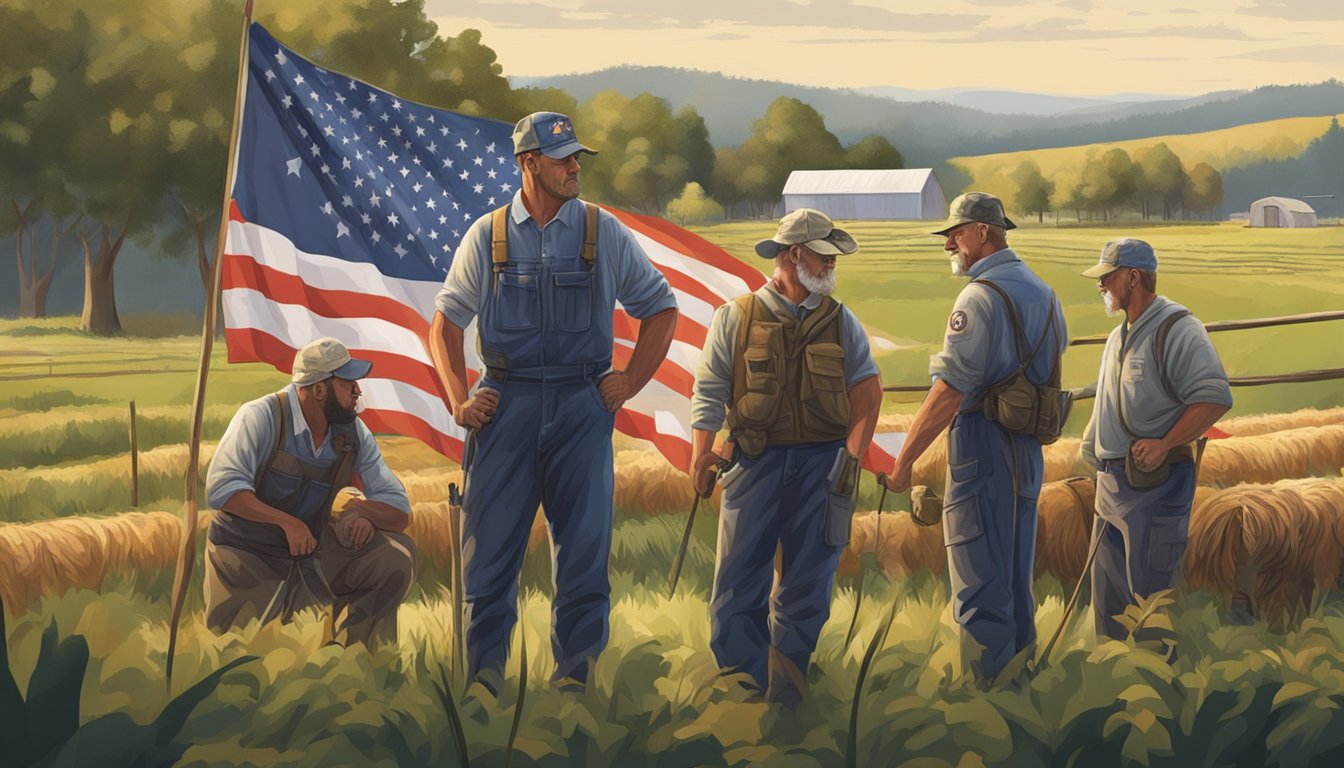 A group of veterans working together on a farm, with a backdrop of the American flag and a sense of unity and accomplishment