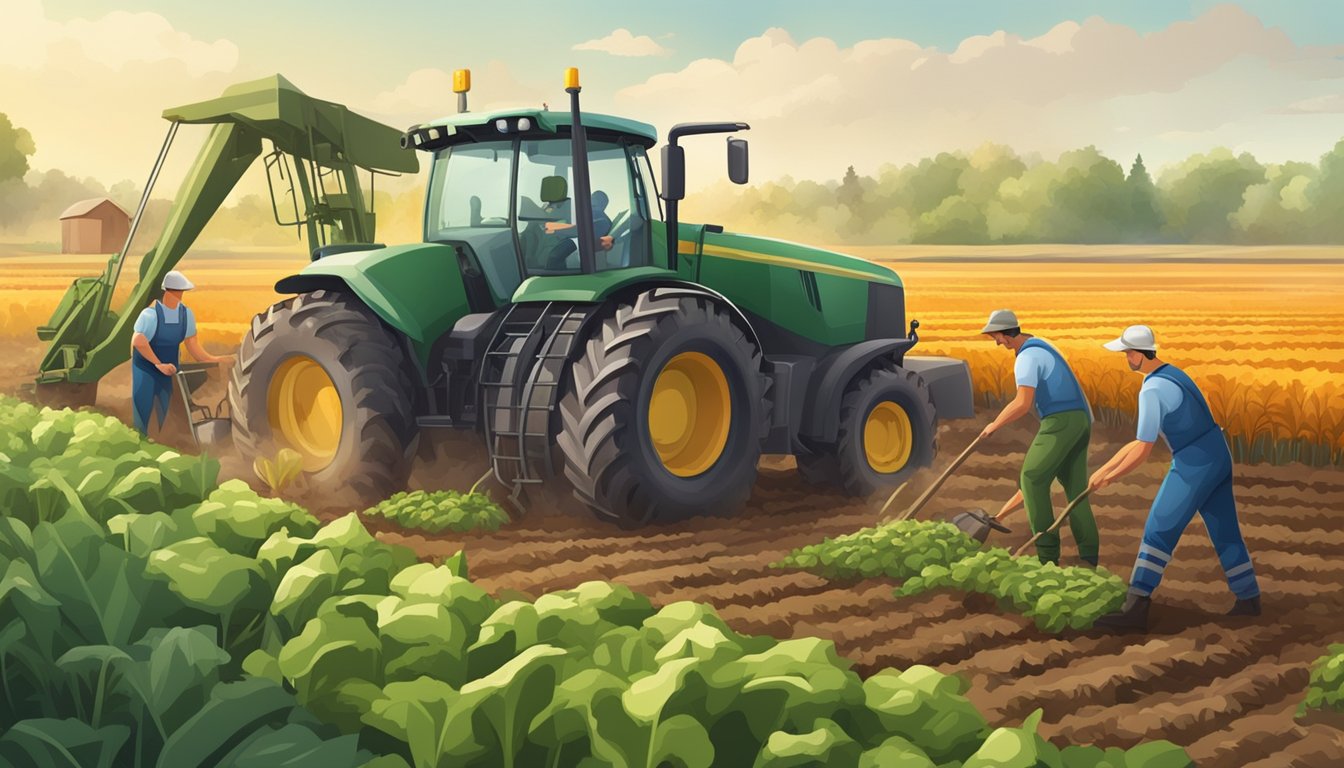 A group of farmers, some in military uniform, working together in a field, planting and harvesting crops. Machinery and tools are scattered around the area