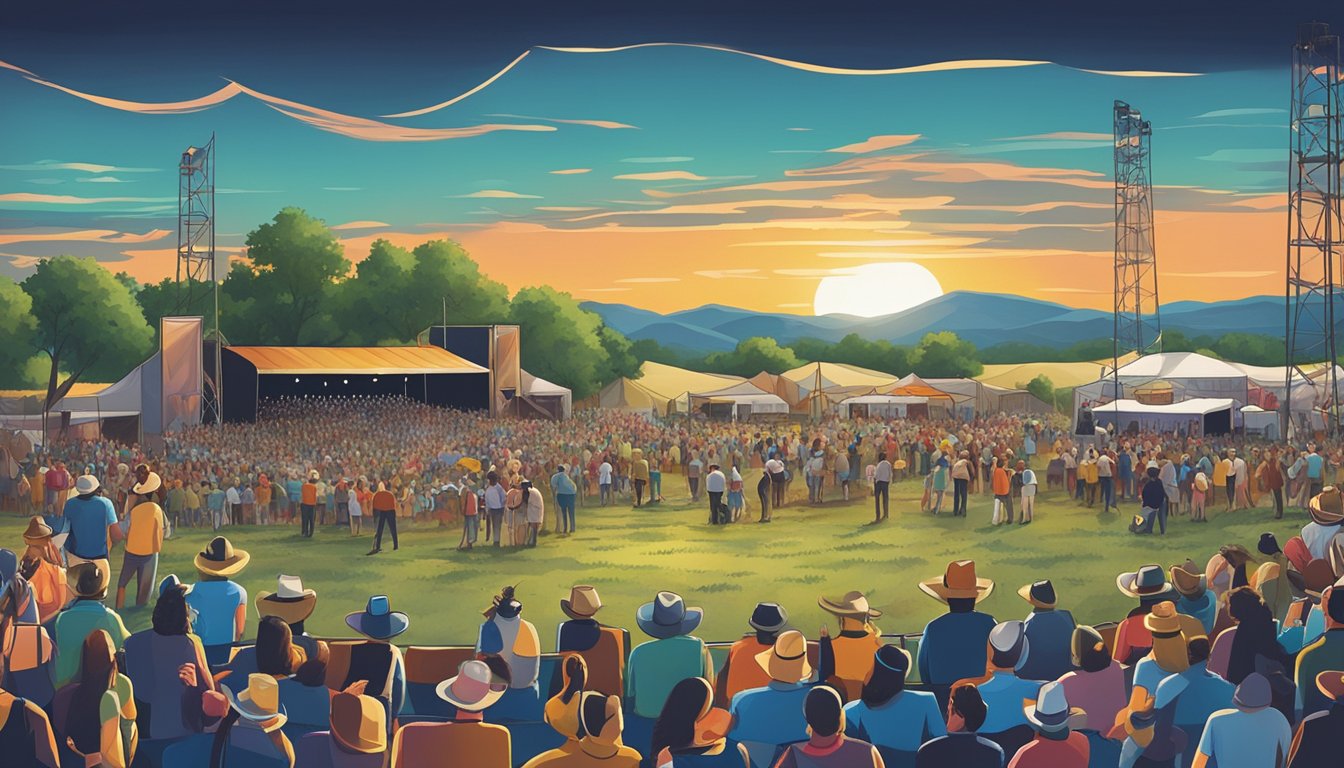 A lively Texas country music festival with a stage, crowd, and rolling hills in the background