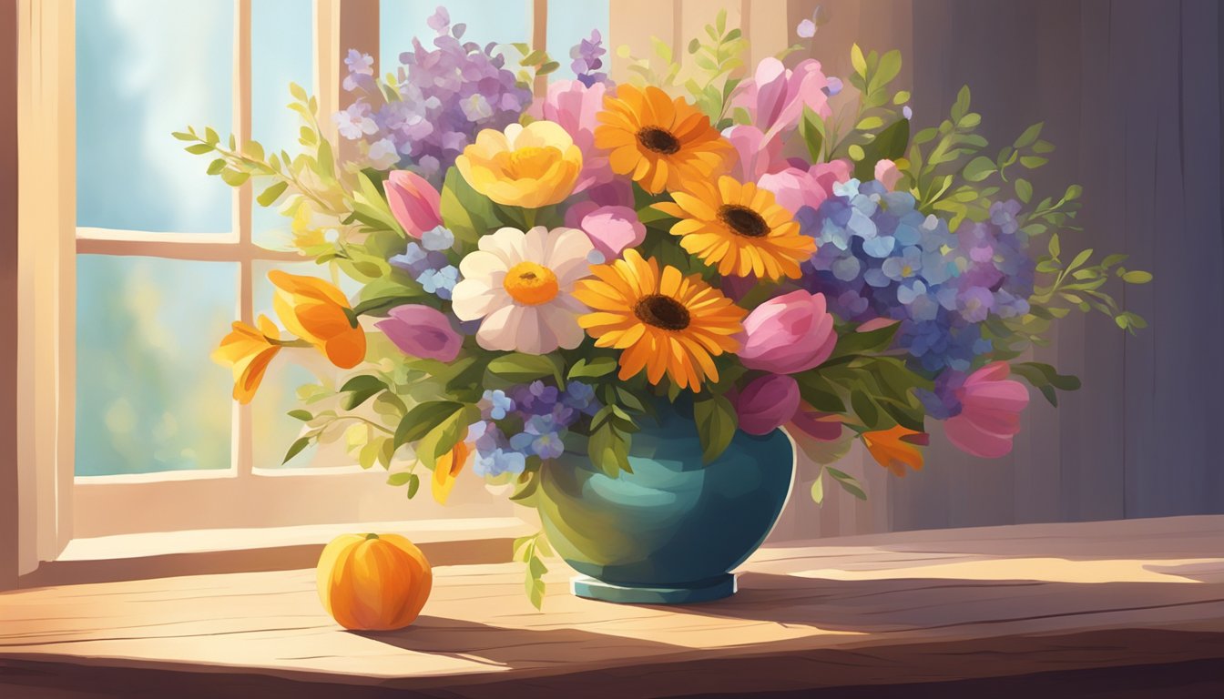 A colorful bouquet of seasonal flowers arranged in a rustic vase on a wooden table. Sunlight streams through a nearby window, casting a warm glow on the blooms