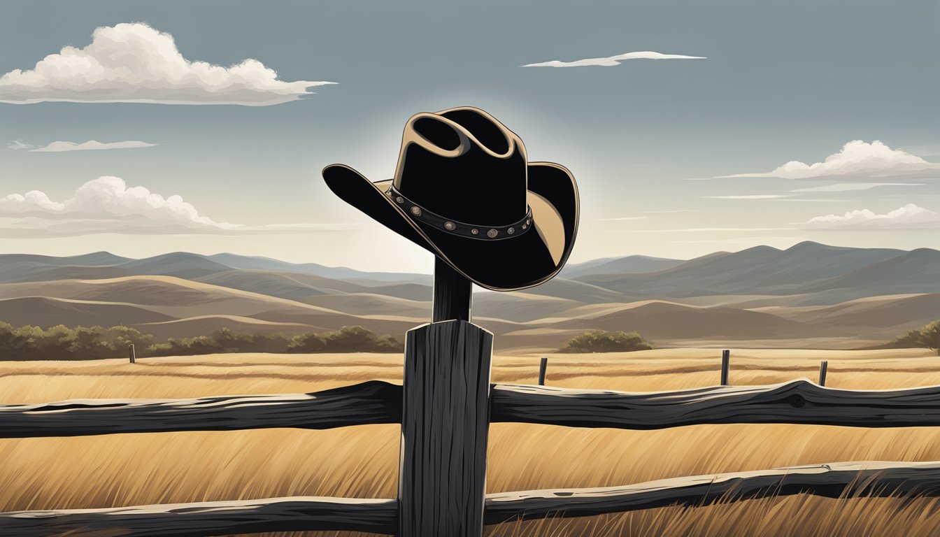 A lone cowboy hat rests on a weathered fence post, overlooking a vast expanse of rolling Texas hills under a big, open sky