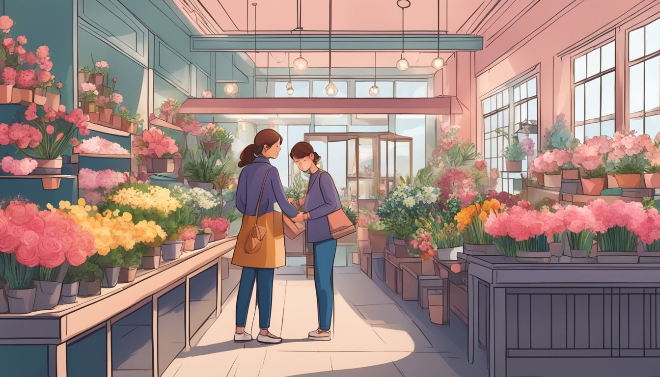 A person in a flower shop, selecting seasonal blooms for Valentine's Day