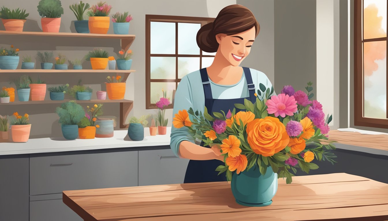 A florist arranging a vibrant bouquet of seasonal flowers in a rustic vase for Valentine's Day