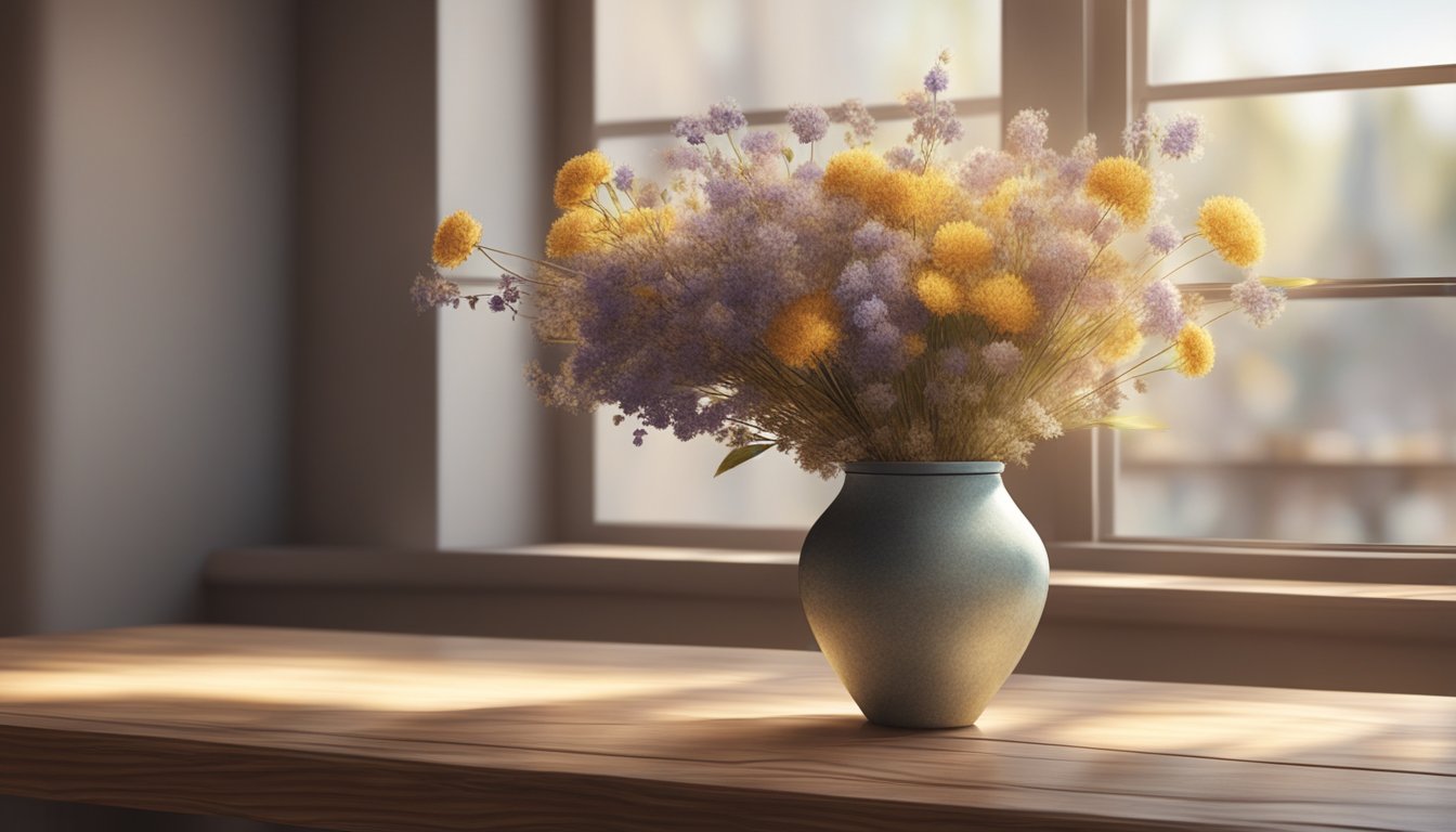 A bouquet of dried flowers arranged in a rustic vase on a wooden table, with soft natural light streaming through a nearby window