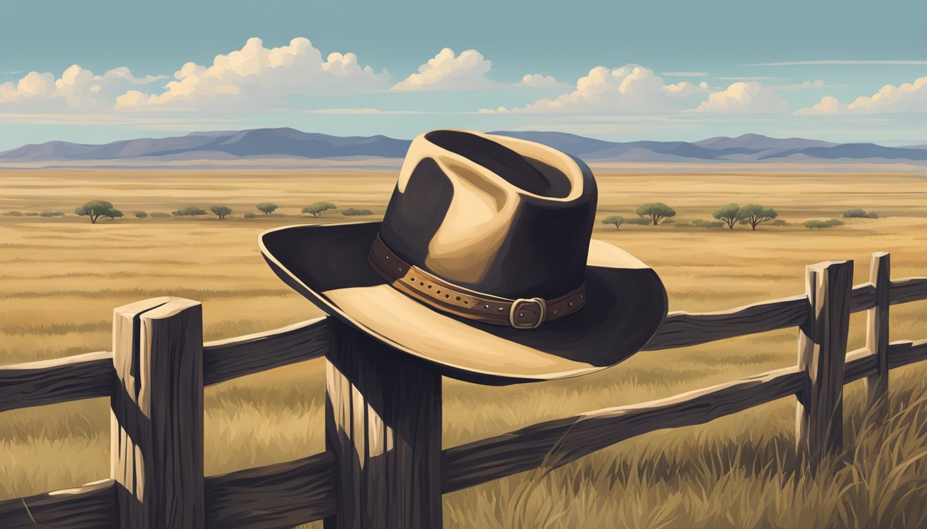 A lone cowboy hat resting on a wooden fence post, surrounded by the vast open plains of Texas