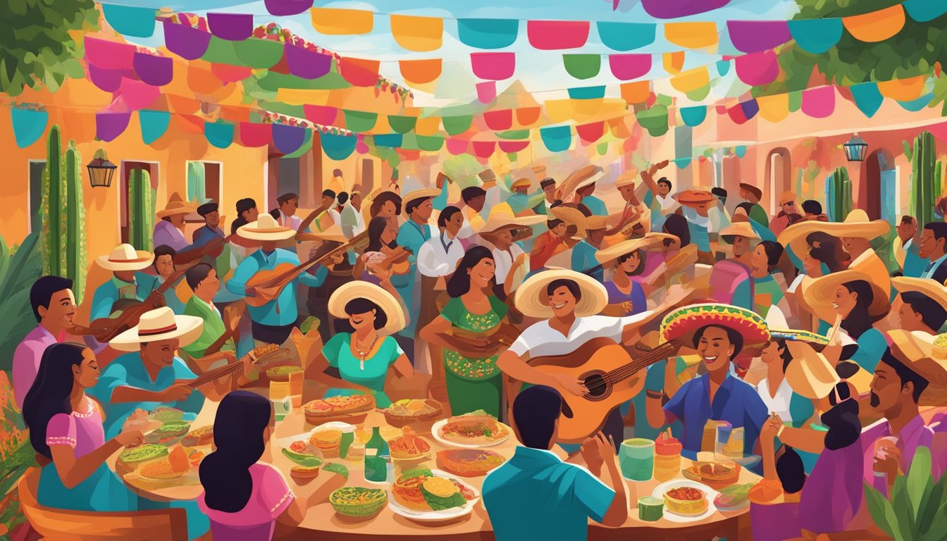 A vibrant fiesta with mariachi bands, colorful papel picado, and traditional Mexican food