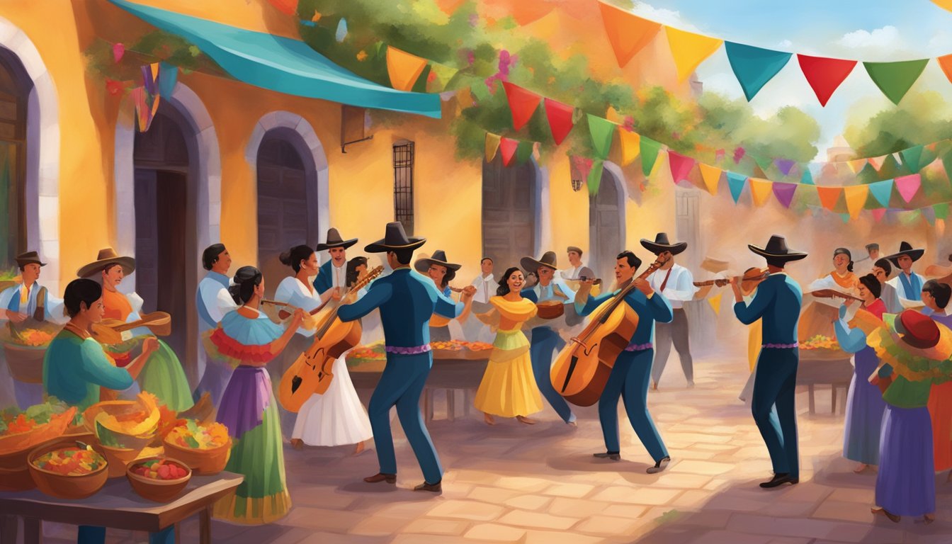 A lively fiesta with colorful decorations, mariachi music, and traditional Tex-Mex cuisine fills the courtyard of a historic cultural institution