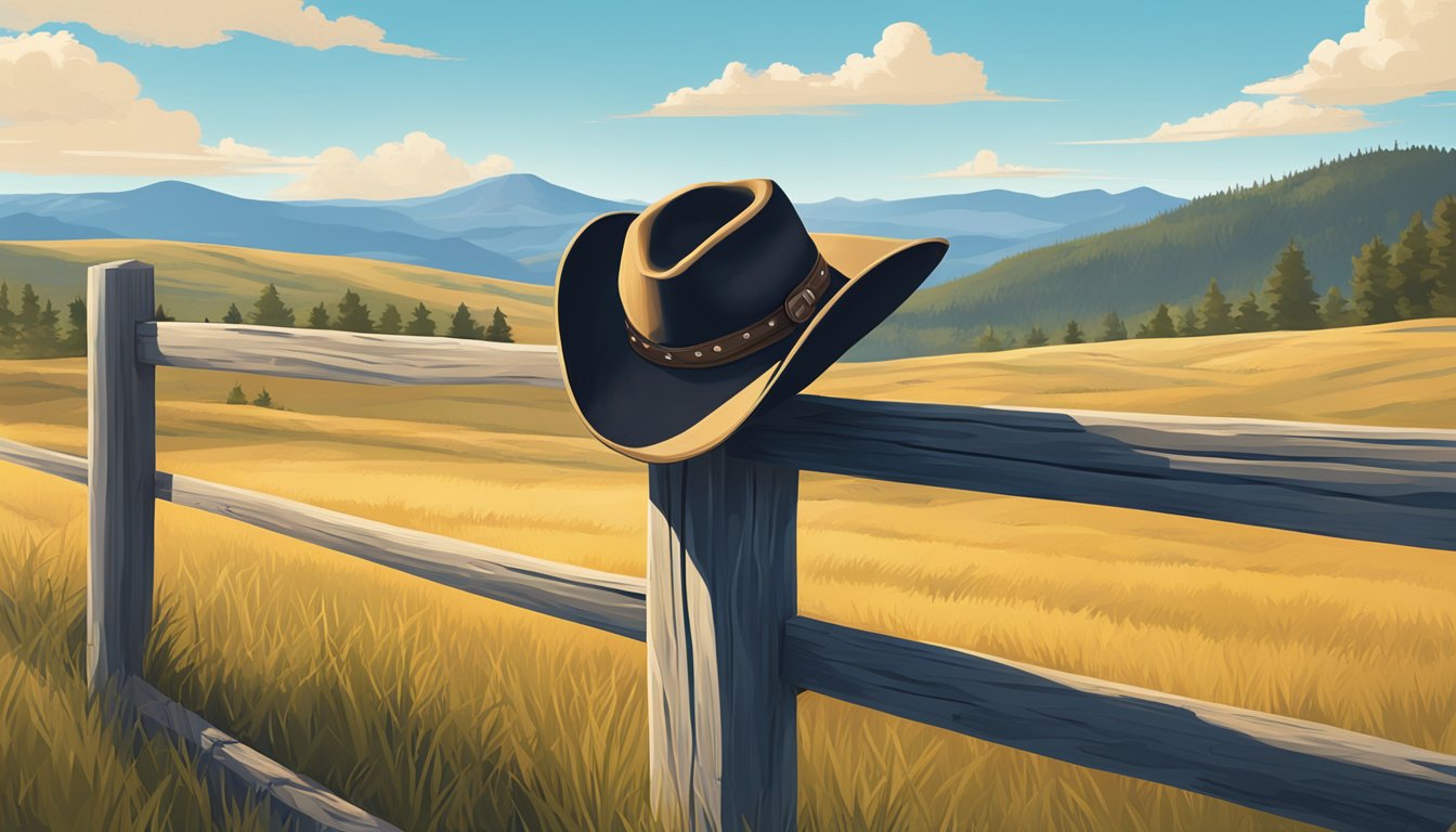 A lone cowboy hat resting on a wooden fence post, surrounded by rolling hills and a clear blue sky