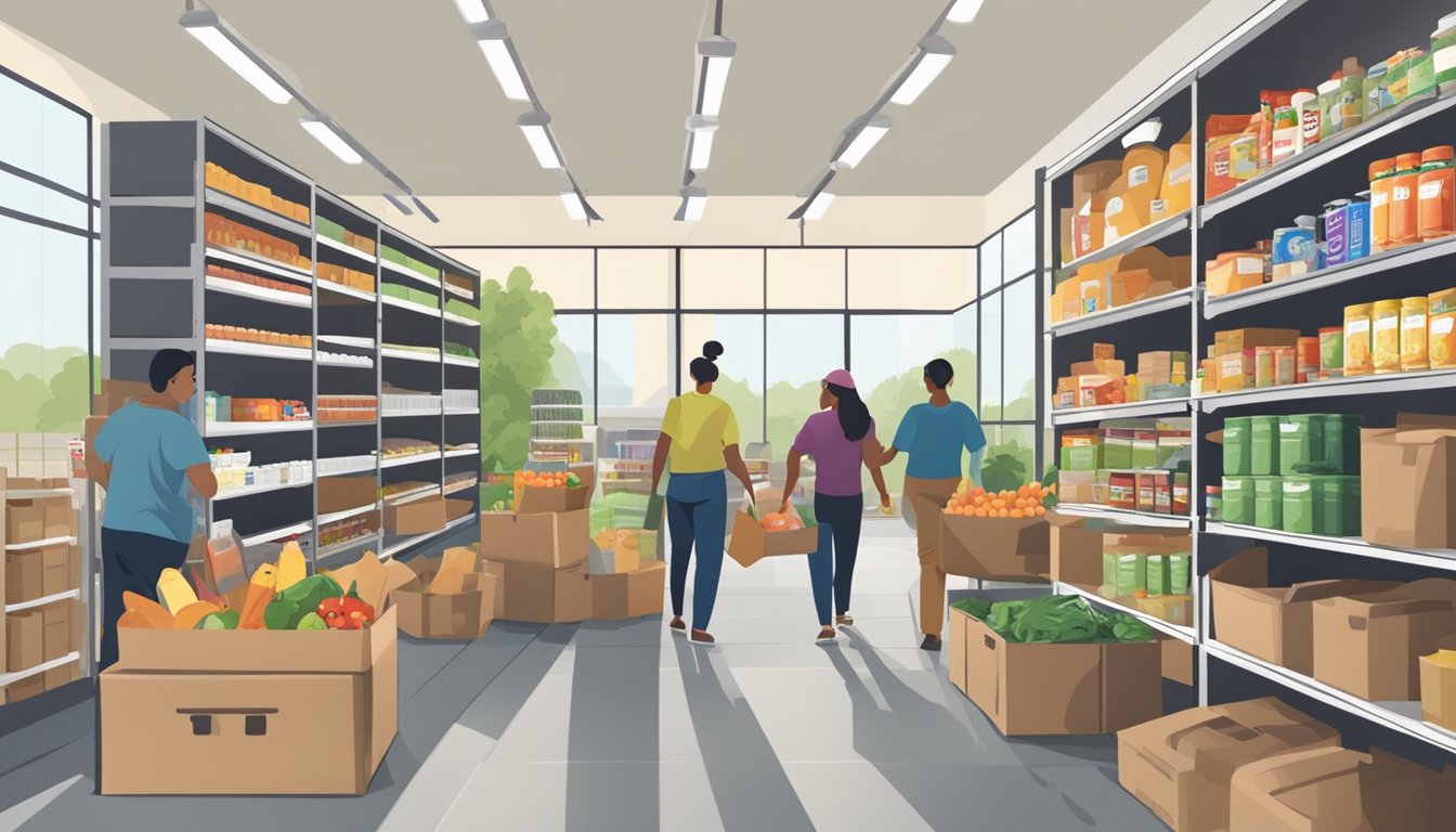 A bustling food pantry in Texas, with volunteers distributing groceries to families in need. Shelves are stocked with canned goods, fresh produce, and other essential items