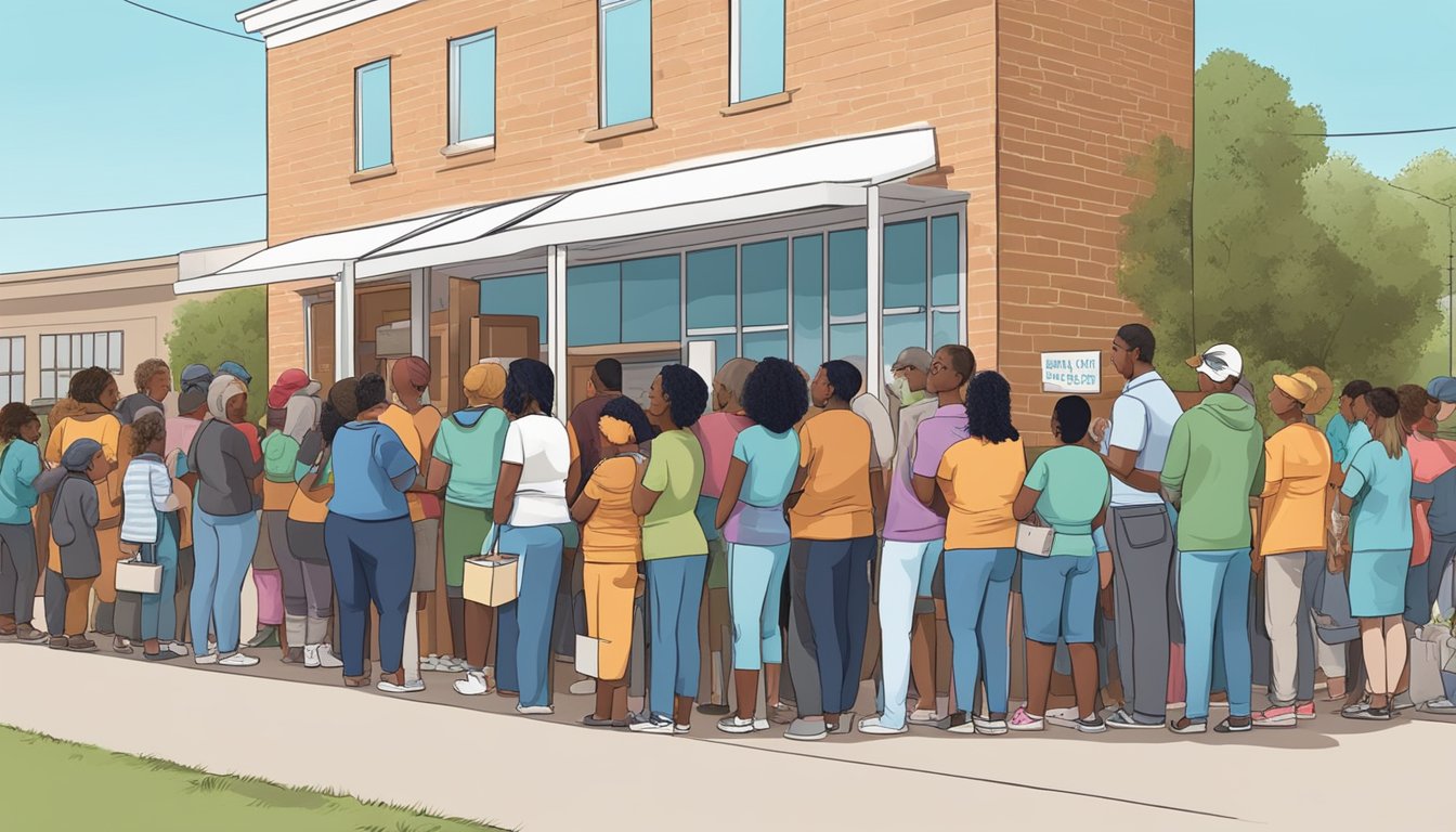 A diverse group of people waiting in line outside a food pantry in Texas, with volunteers handing out groceries and supplies