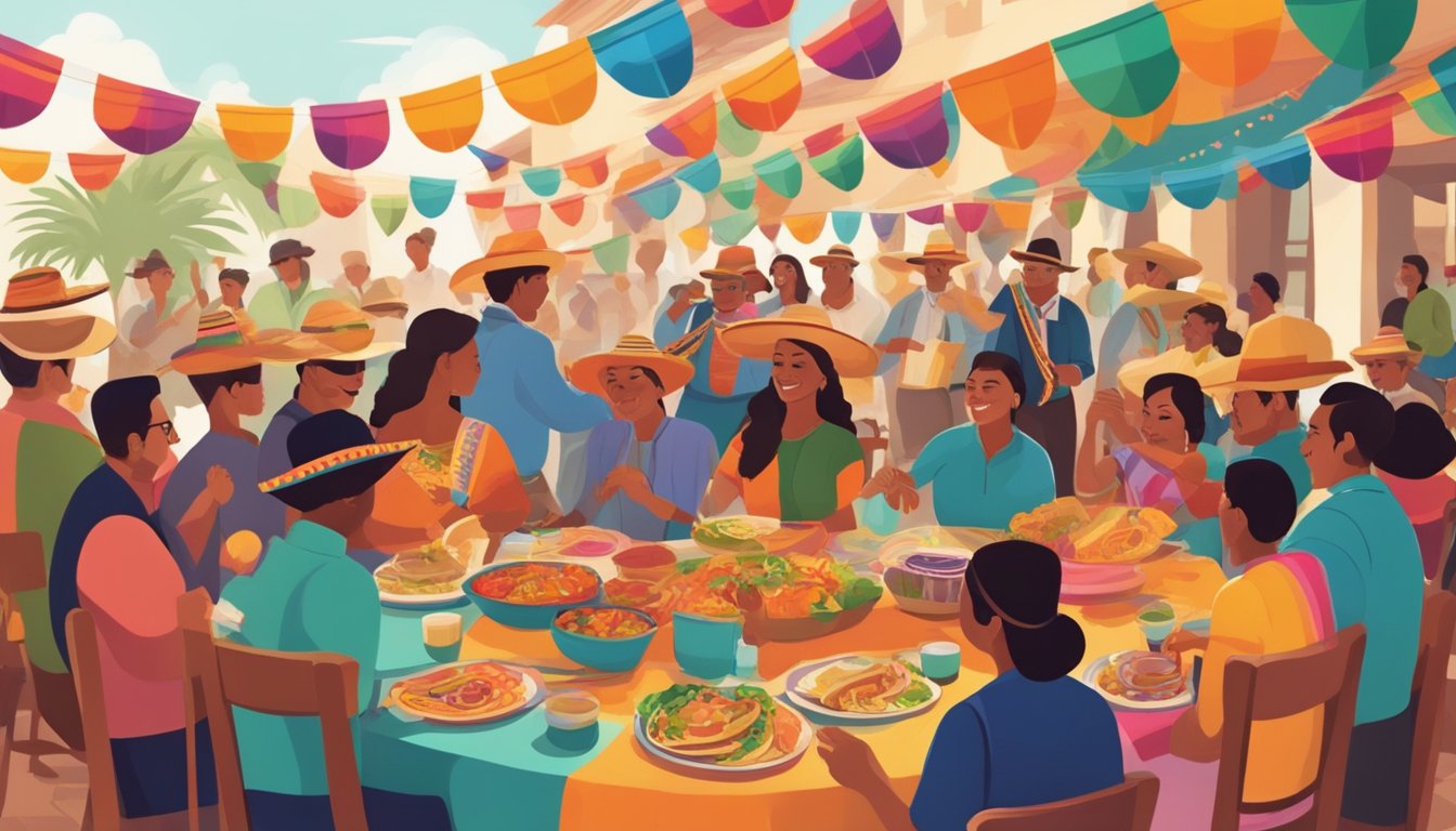 A vibrant fiesta with colorful decorations, mariachi music, and traditional Tex-Mex cuisine. People of all ages come together to celebrate Hispanic heritage