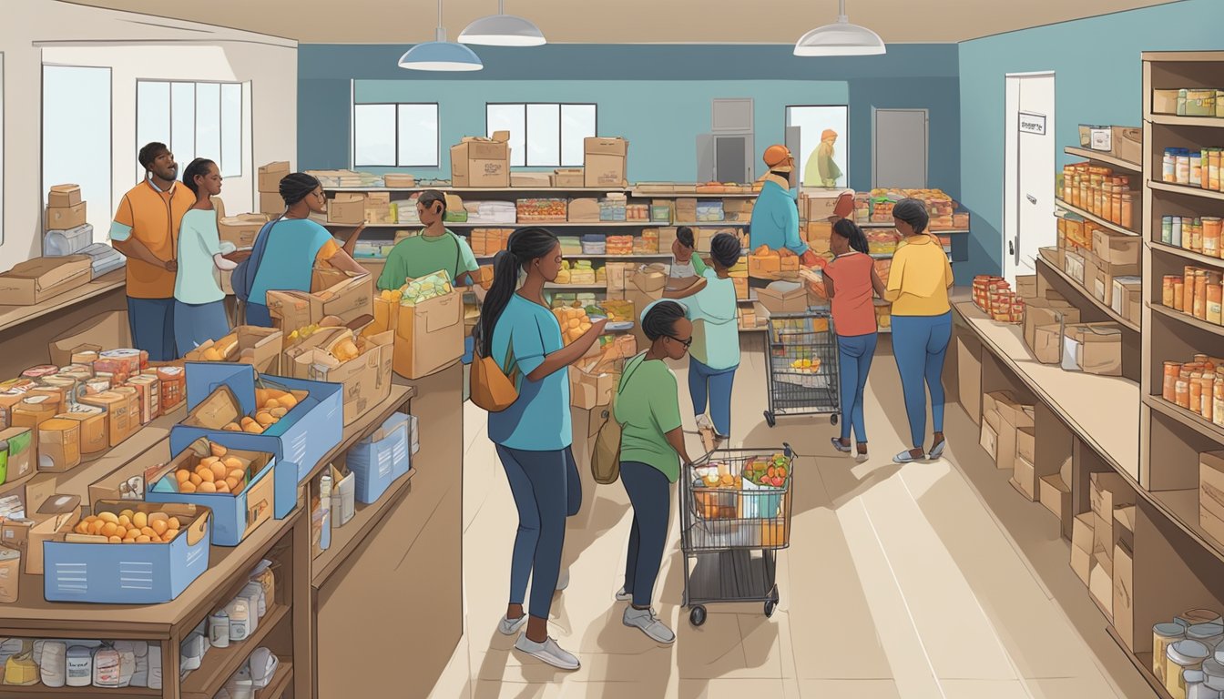 A bustling food pantry in Texas, with volunteers distributing groceries to families in need