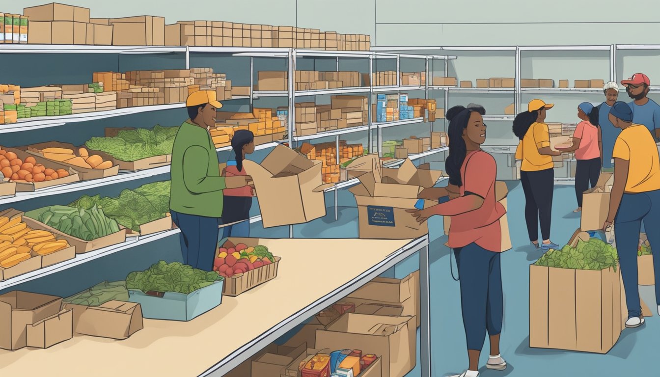 People receiving free groceries at a bustling food pantry in Texas. Volunteers help distribute food to the community