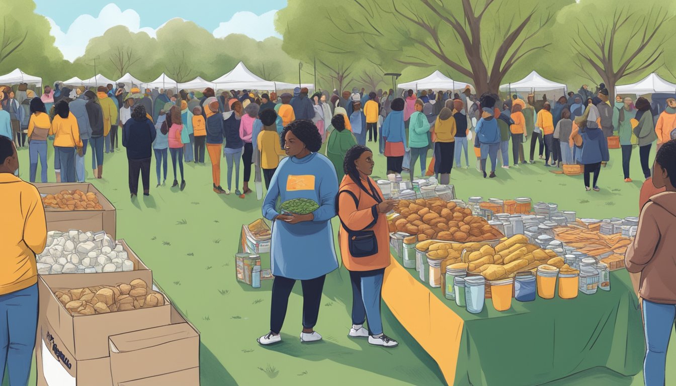 People gathering at a park in Austin, Texas, with tables of food donations and volunteers organizing the MLK Day food drive