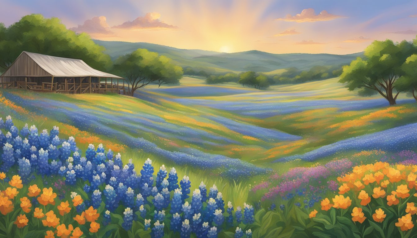 A vibrant field of bluebonnets and wildflowers surrounded by rolling hills, with a backdrop of a local craft beer festival in the Texas Hill Country