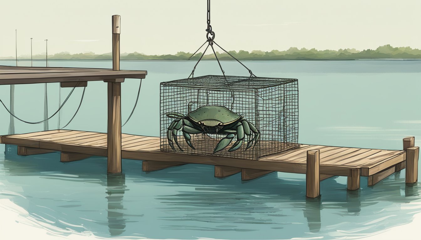 A crab trap being lowered into the water off a dock in Texas, with a clear focus on the surrounding natural environment