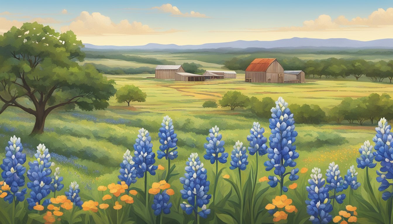 Bluebonnets and other wildflowers dot the Texas hill country, with a craft beer brewery nestled among the fields