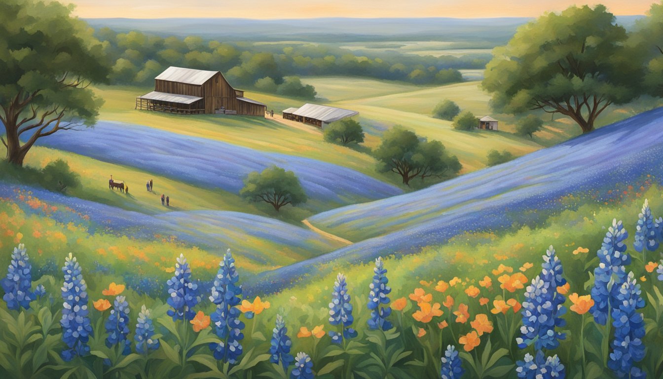 Rolling hills covered in vibrant bluebonnets, a local craft brewery nestled among the wildflowers, with patrons enjoying the scenery