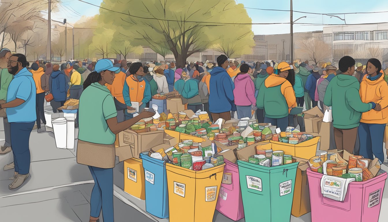 A bustling outdoor food drive event in Austin, with volunteers collecting and distributing donations in honor of MLK Day