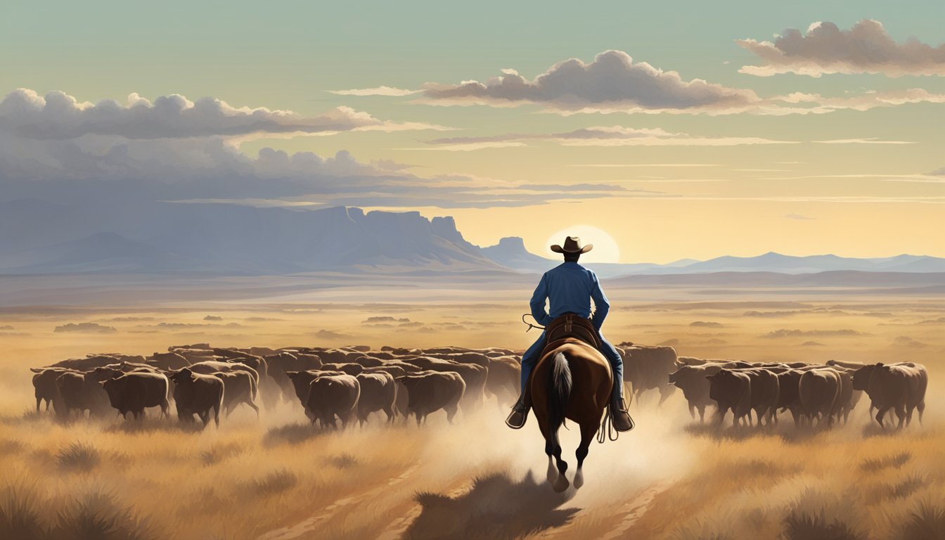 A lone cowboy rides across the vast Texas plains, herding cattle under the big open sky