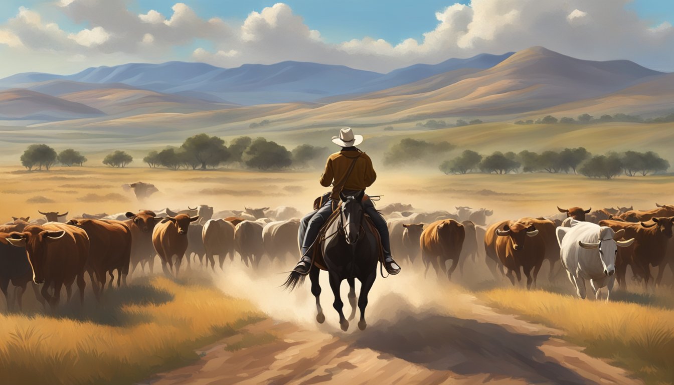 A lone cowboy on horseback herding cattle across the vast Texan plains, with a backdrop of rolling hills and a big sky