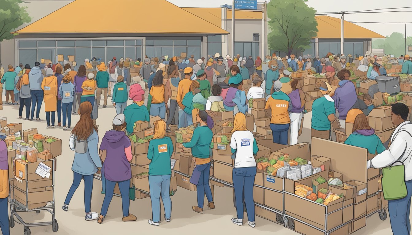 A bustling food drive in Texas with volunteers collecting and sorting donations, while families line up to receive assistance