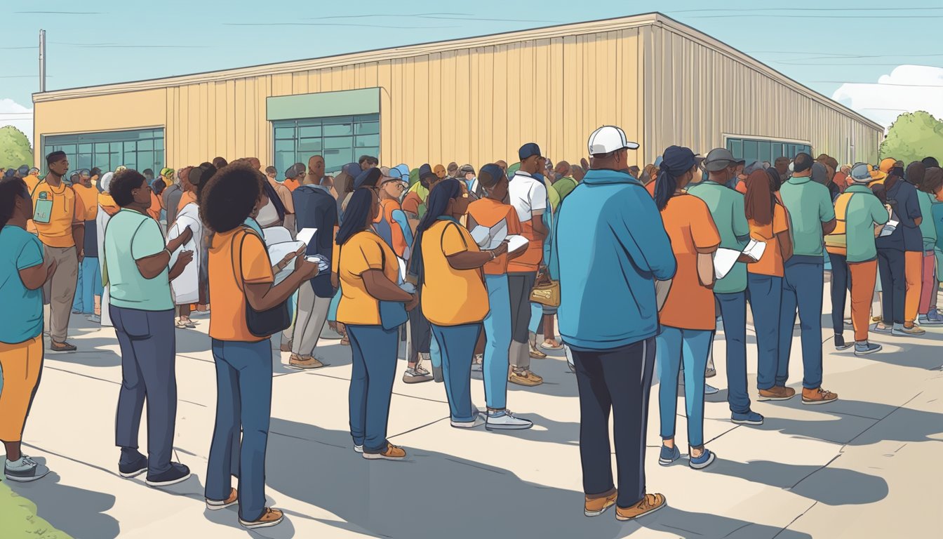 A line of people waiting outside a Texas food bank, with volunteers distributing food and providing information on eligibility and how to apply for assistance